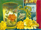 Elena Climent, "Veladora, fotos y flores", oil on canvas mounted on panel, 5 3/8 x 7 3/16 inches, 1995 Elena Climent, "Veladora, fotos y flores", oil on canvas mounted on panel, 5 3/8 x 7 3/16 inches, 1995