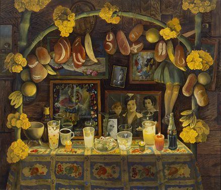 A painting of a Mexican day of the dead altar. A table is decorated with candles and family photographs line the wall. An archway over the table is hung with bread and fruit and big yellow flowers.