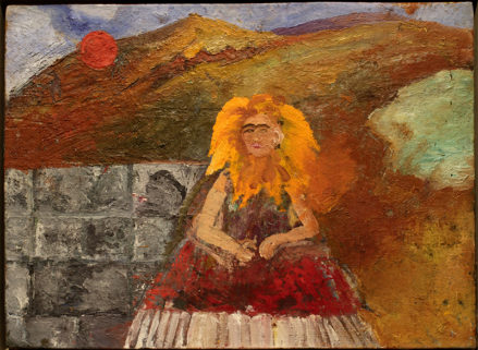 A painted self-portrait by Frida Kahlo showing her seated in a bright red dress in front of a gray brick wall. Sunflower petals surround her face and a bright red sun sets in the background.