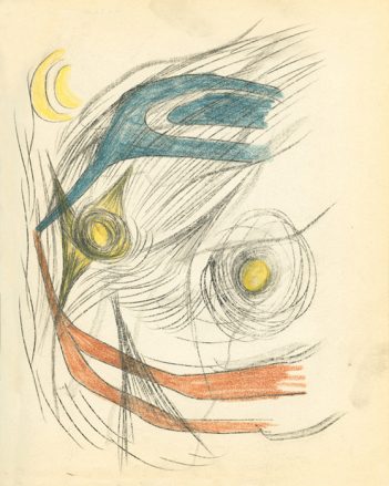 An abstract Surrealist drawing. Amidst grey lines there are three circular yellow forms, and two prong shaped blue and orange forms.